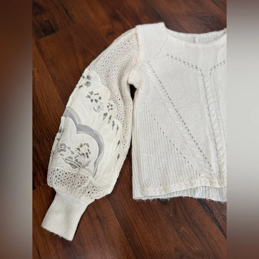 Anthropologie women's Eyelet Lace Sweater Ivory XS balloon embroidered sleeves - Picture 7 of 14